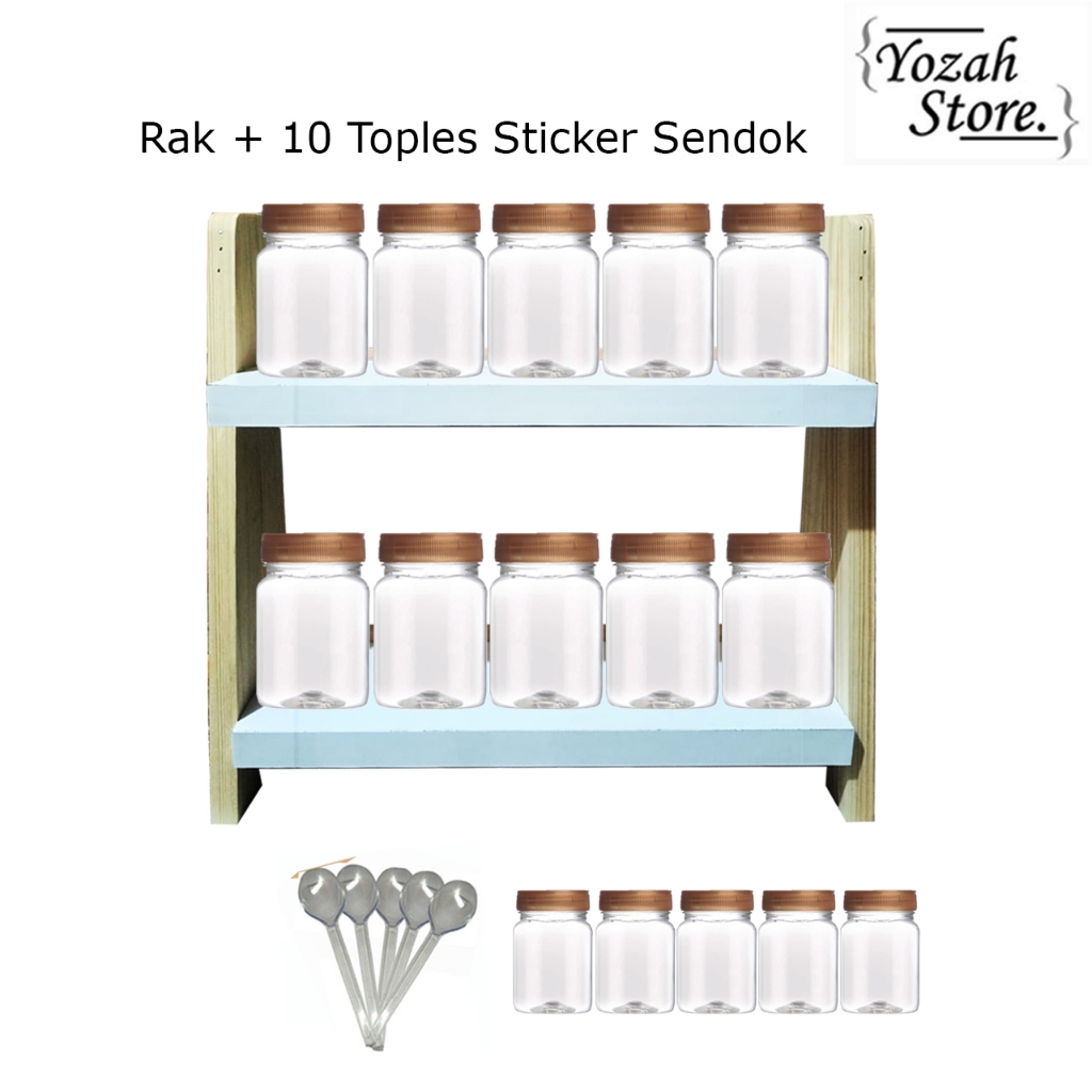 Tempat Bumbu Kayu 2 Tingkat Set 10 Toples Sticker Dan Sendok / Rak Kosmetik Makeup / Rak Kayu Jati B