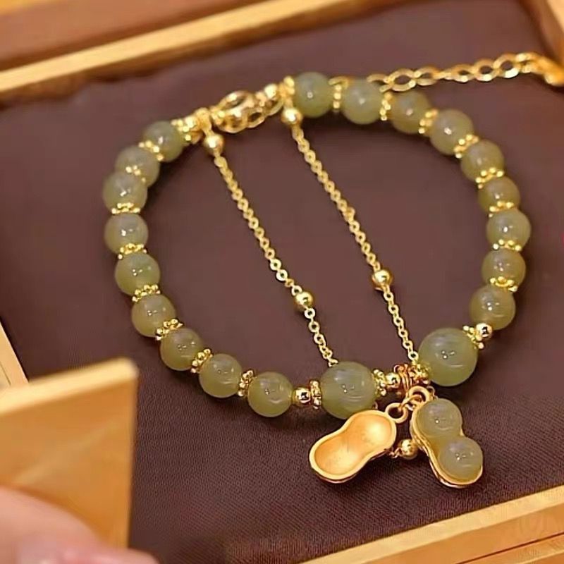 Gl43 - Gelang Giok Asli Batu Kacang Titanium/Gelang Giok Kacang Wanita Berlapis Emas 18K Anti