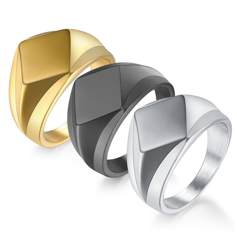 Cincin Bentuk Belah Ketupat Asimetris 3 Warna Stainless Steel / Cincin Pria Motif Diamond Hitam Silv
