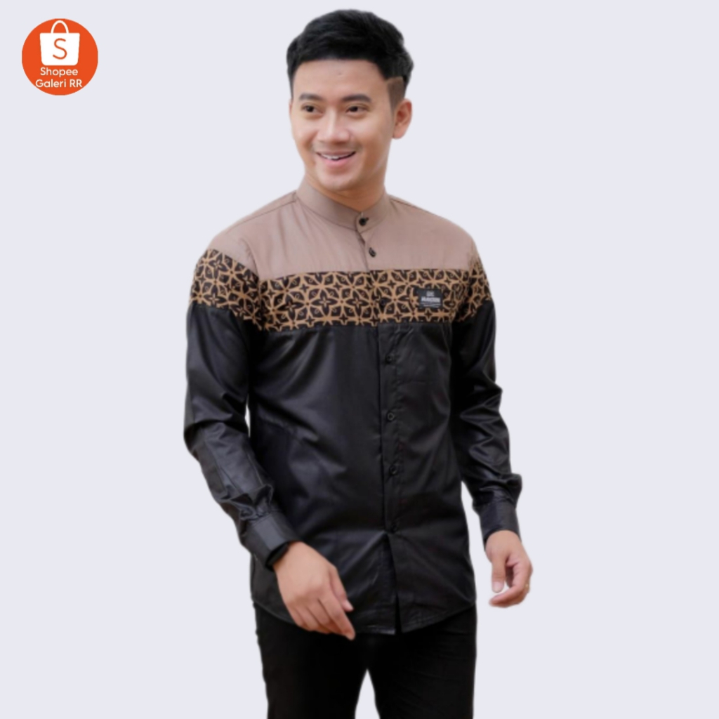RR - Baju Muslim Pria Kombinasi Batik Alqorni Kemeja Koko Pria Sanghai Lengan Panjang Katun Koko Rem