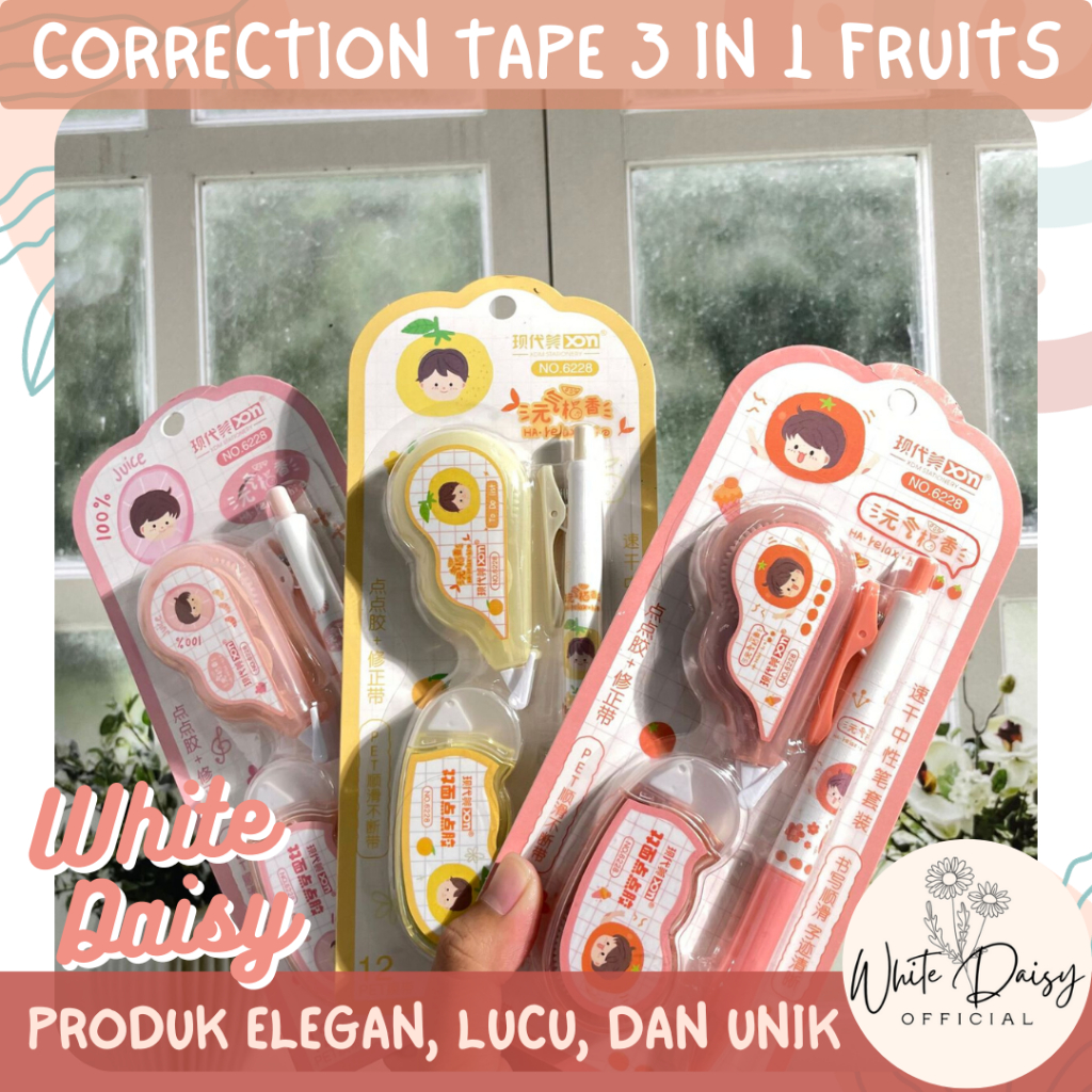 

Correction tape 3 in 1 fruits premium buah glue tape + pulpen lucu