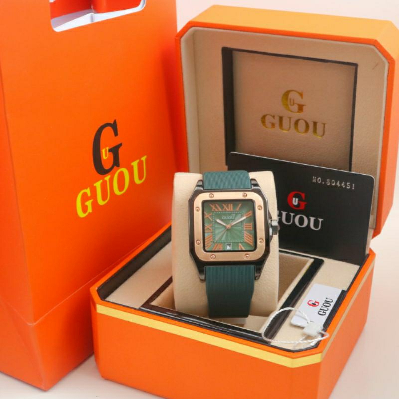 jam tangan wanita Mewah GUOU Tali Rubber Green Date aktif Original