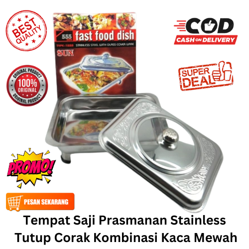 [BISA COD] PROMO Tempat Saji Prasmanan Stainless Tutup Corak Kombinasi Kaca Mewah Fast Food Dish Tem