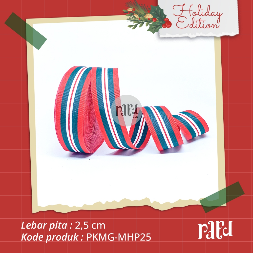 

[RC]-Pita Natal|Pita Katun Motif Garis|Pita Kado/Hampers|PER 1 YARD (90cm)|Lebar 2,5 CM|Merah Hijau Putih