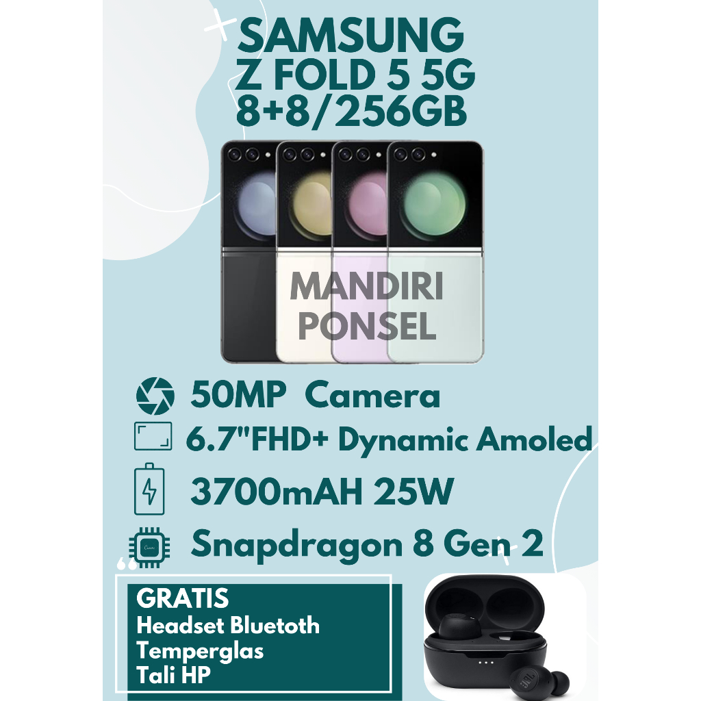 SAMSUNG Z FLIP 5 5G RAM 16GB (8+8 EXTEND/256GB) GRATIS HEADSET BLUETOOTH, TEMPERGLAS dan TALI HP