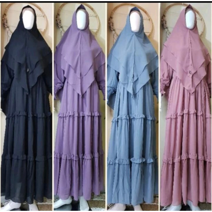 viona maxi ceruty beydoll /gamis syarii seruty susun /gamis syari motif bunga pelangi rempel