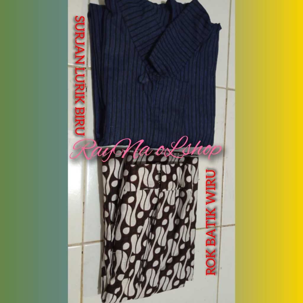 BAJU SURJAN LURIK BIRU + ROK BATIK WIRU INSTAN, PAKAIAN MODERN KLASIK KHAS TRADISIONAL JAWA SOLO JOG
