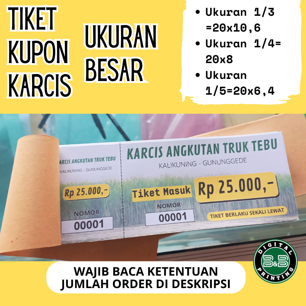 

Karcis Parkir Retribusi Tiket Wisata Kupon Hadiah dengan nomor/Numerator ukuran besar 1/3 ,1/4, 1/5