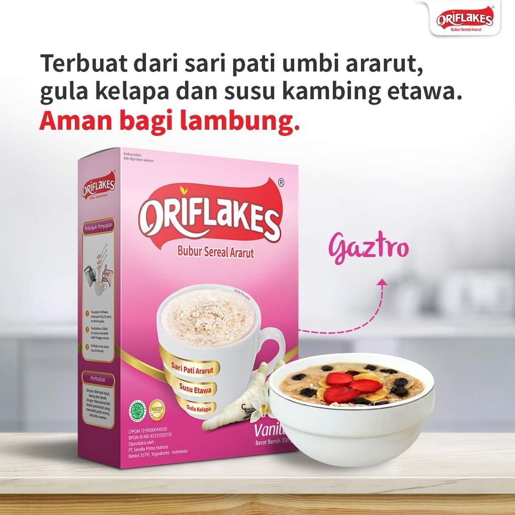 

Oriflakes Sereal Umbi Garut 350gr Untuk Terapi Maag dan Asam Lambung