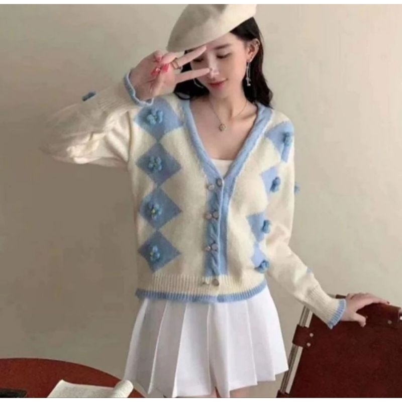 𝙍𝙚𝙖𝙙𝙮‼️Eunha 3d floral knit cardigan/rajut halus bunga