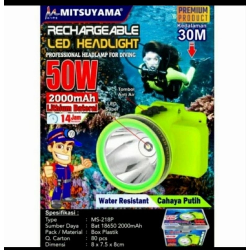 Senter Kepala Selam Diving 50 watt ORIGINAL MITSUYAMA MS-218 P Cahaya Putih