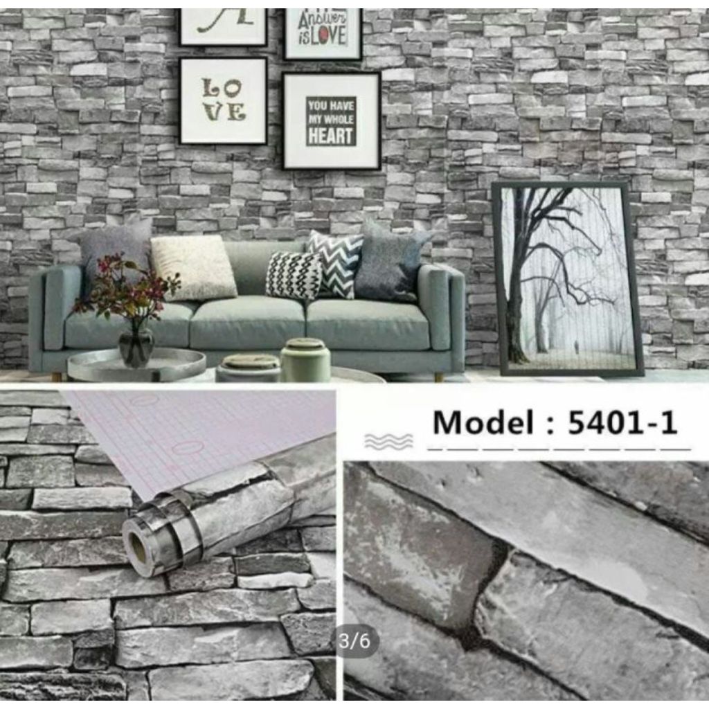Wallpaper Sticker Dinding 45cm x 10m Motif Batu Alam 3D