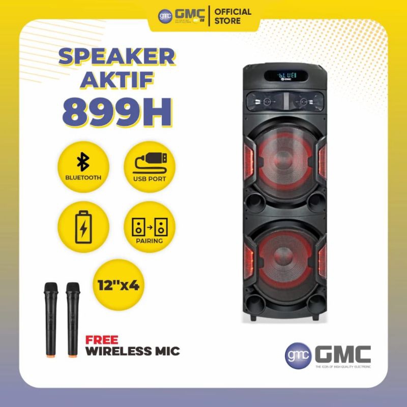 GMC 899H Speaker Bluetooth Portabel 12"×2 Free 2 Mic Wireless
