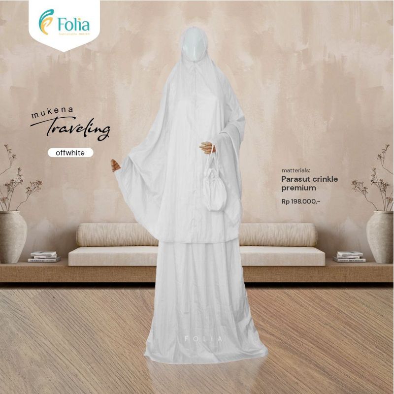 MUKENA TRAVELLING BAHAN PARASUT CRINKLE PUTIH BY FOLIA (MUKENA TRAVELING FOLIA)