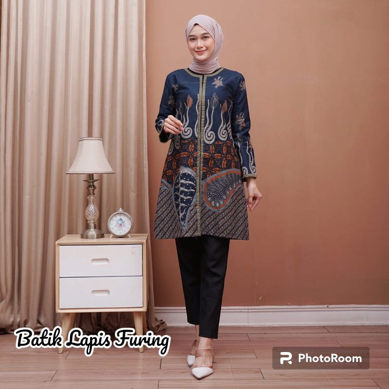 Baju Batik Wanita Model Tunik Resleting Depan Lapis Trikot