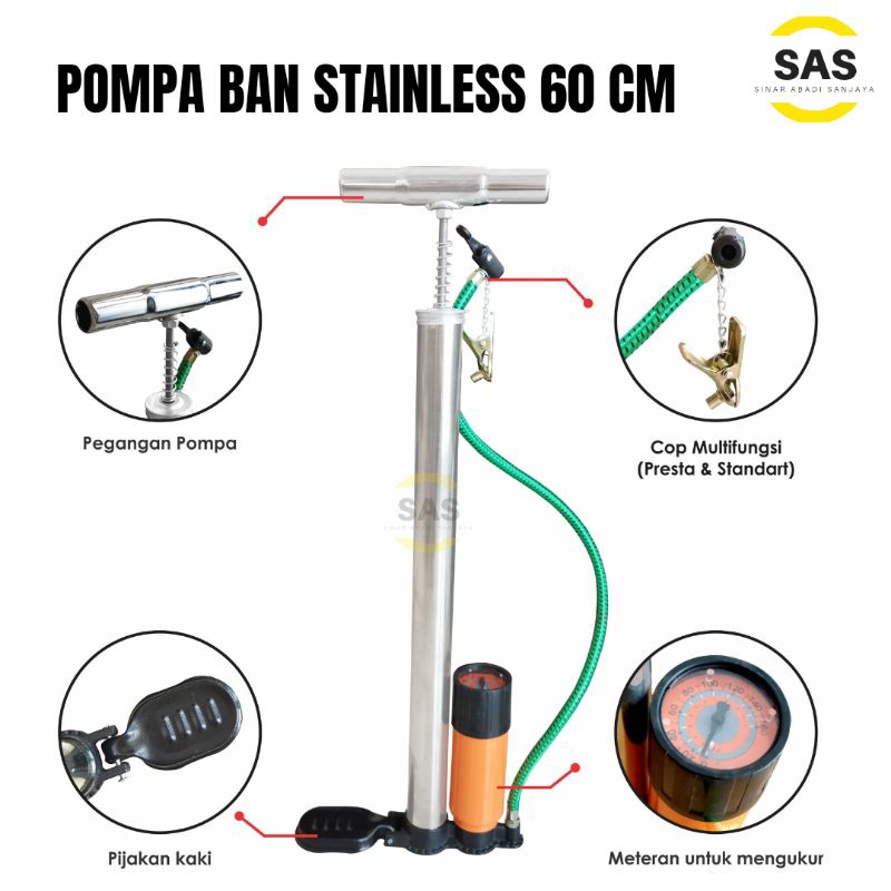[SAS] Pompa Ban Motor Sepeda Tabung Meteran Multifungsi Stainless Steel