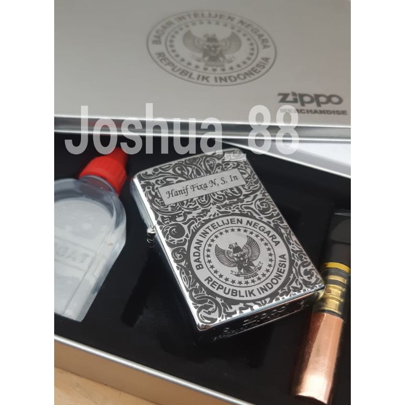 Zippo Korek Api Custom Ukir Logo BIN Batik Constantine Silver Paket Bisa Ukir Nama Sendiri