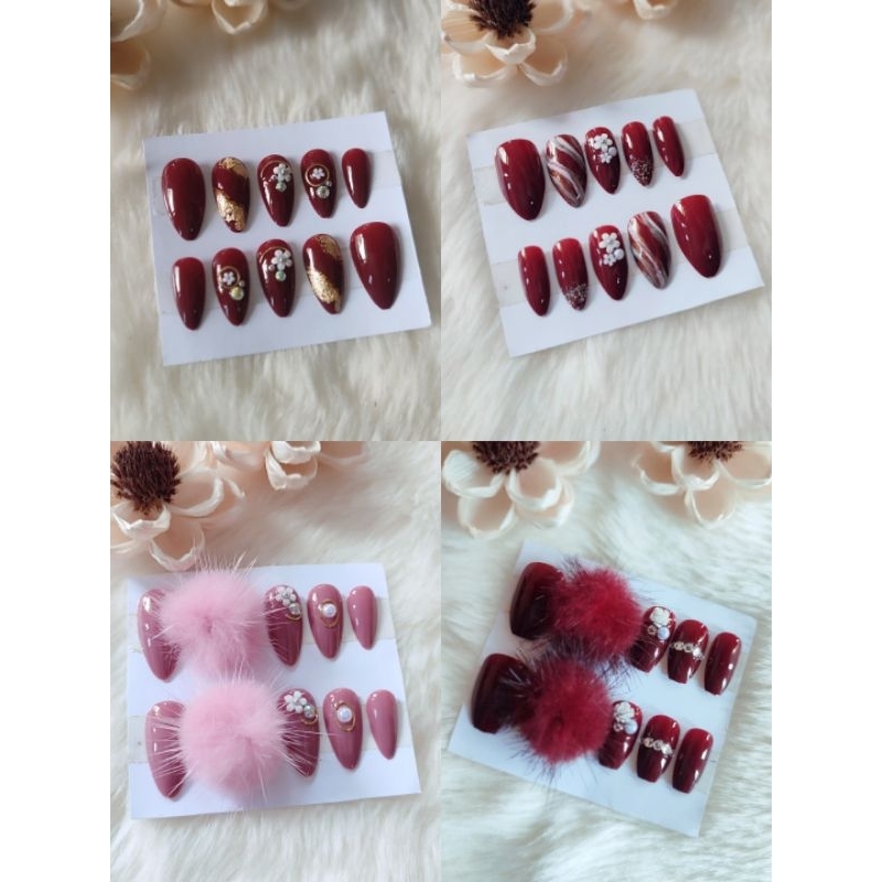 Nail art wedding / kuku palsu pengantin / kuku palsu merah maron