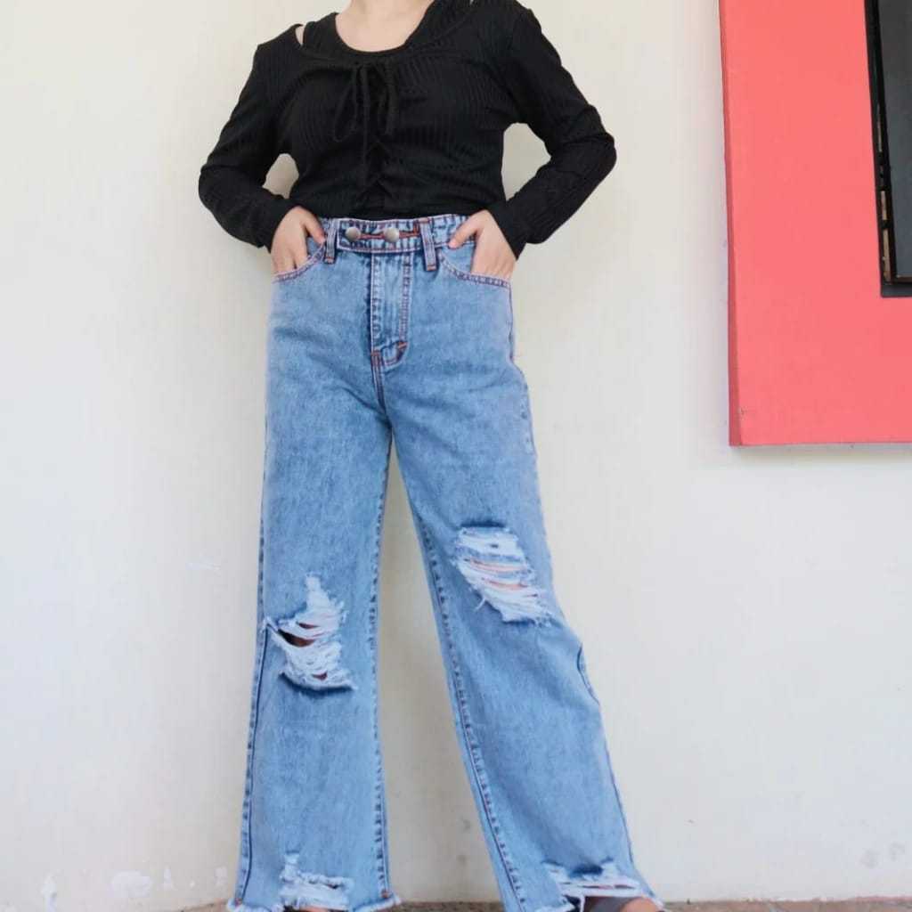 Celana Jeans Wanita Jey DM Bahan Kain Jeans Celana Panjang Wanita Jeans Highwaist Sobek Jumbo Pingga