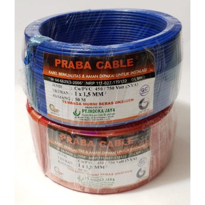 Kabel Listrik Tunggal (NYA 1,5mm) 50 meter Praba / SNI / Kabel Kawat Tunggal