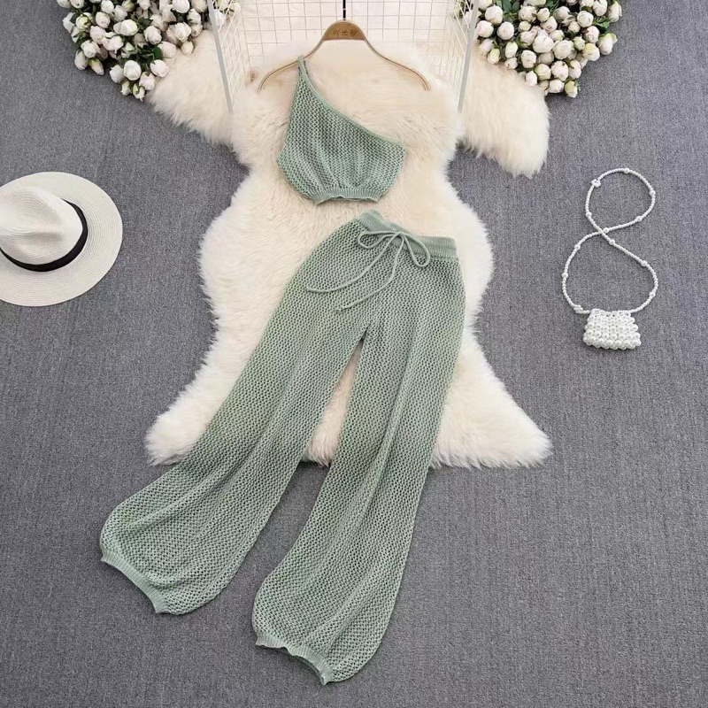 setelan baju pantai one shoulder | setelan rajut pantai | set atasan dan bawahan rajut | set sexy ra