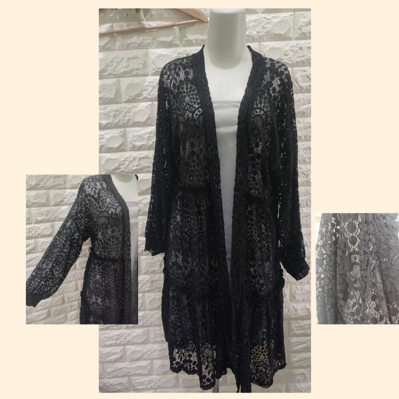 long outer brokat hitam lengan balon