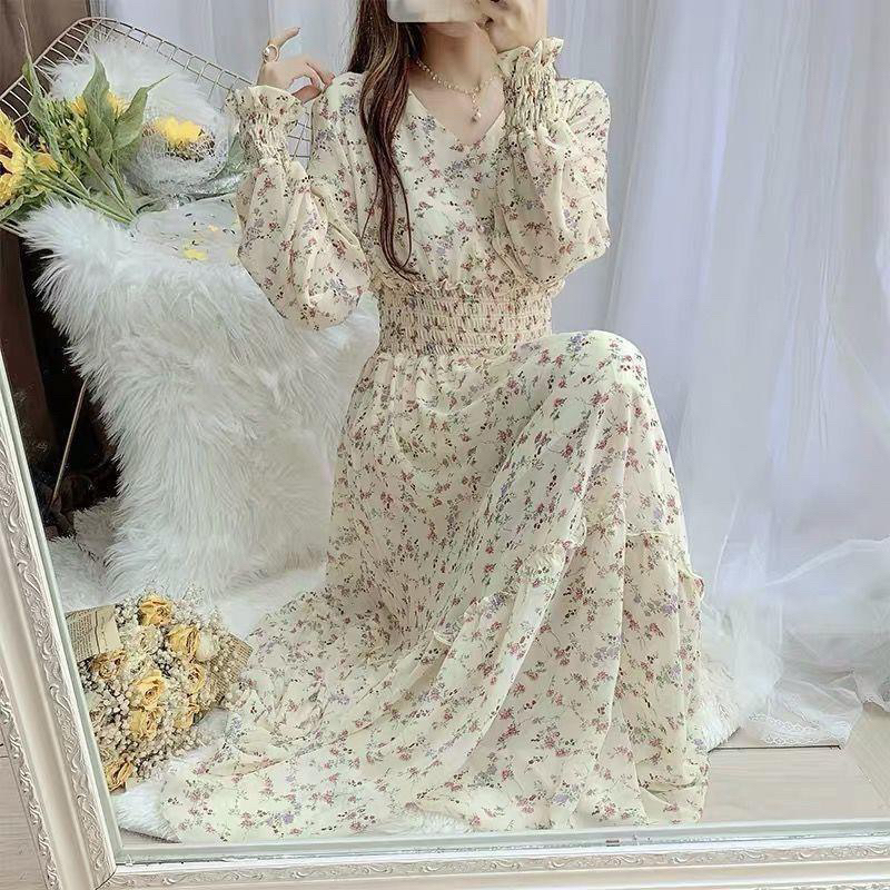 [JESSICA]Dress motif tunik bunga sifon lengan panjang  hijab friendly casual