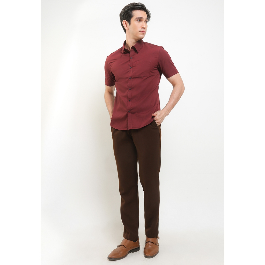 ZS 25003 Zanetti Kemeja Basic Polos Slim Fit Lengan Pendek Maroon Red