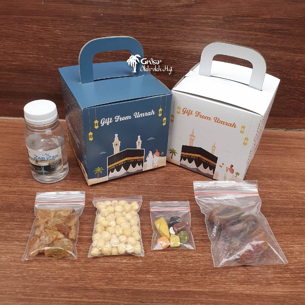 

Paket Oleh Oleh Haji dan Umroh Dus kotak Air Zamzam ori + Botol 80ml + Kurma Khalas + Coklat Kerikil