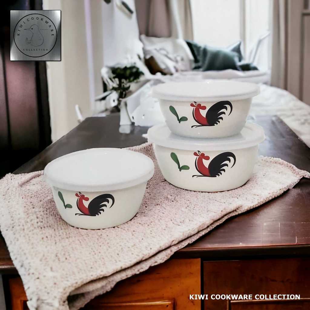 Panci Jadul Nostalgia Set Mangkuk dan Tutup 3pc Bahan Enamel Motif Ayam Jago Mixing Bowl Set Mangkok