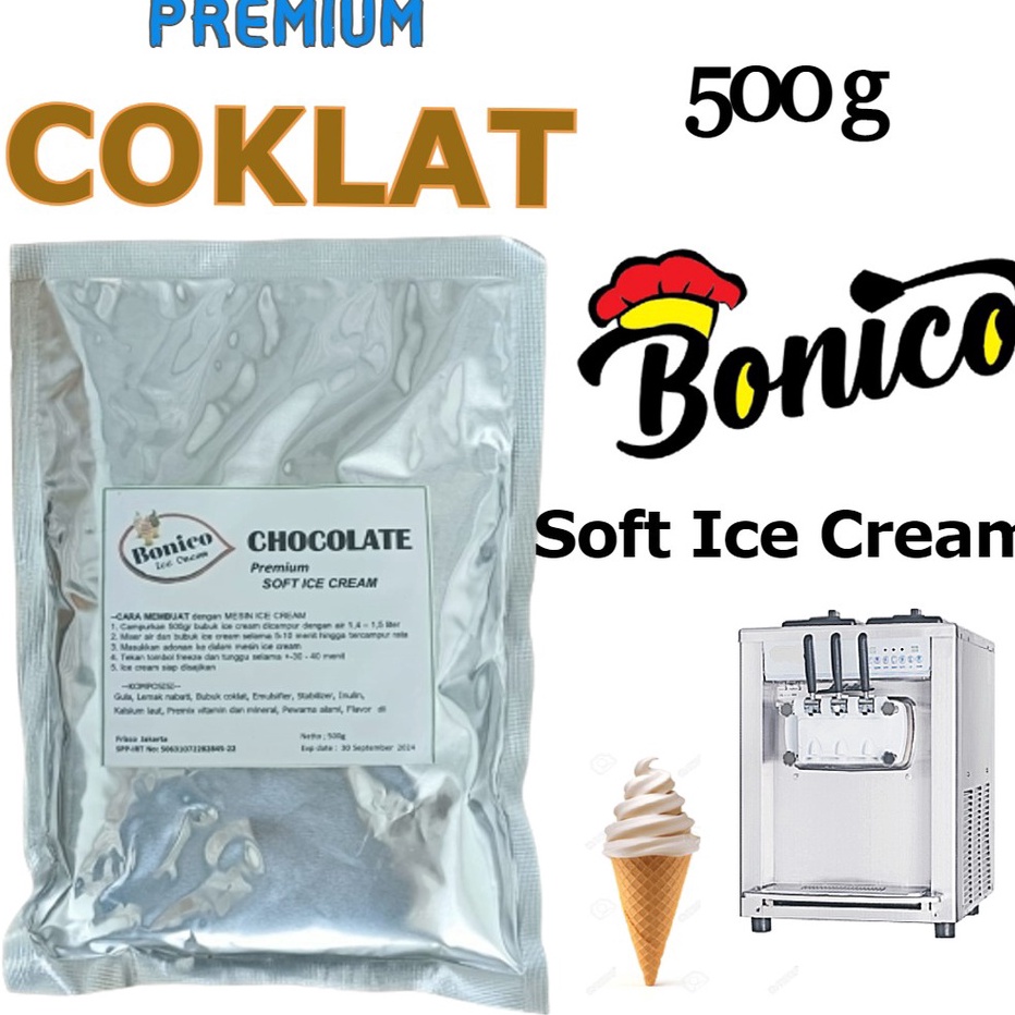 

NZHH3551 (V44859) BONICO COKLAT SOFT ICE CREAM POWDER 500gr PREMIUM RESTO premix bubuk es krim mesin lembut Chocolate softmix