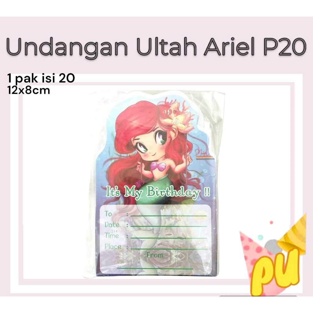 Kartu Undangan Ulang Tahun ARIEL P20 Isi 20 pc / Kartu Undangan Ultah Anak Mermaid Ariel