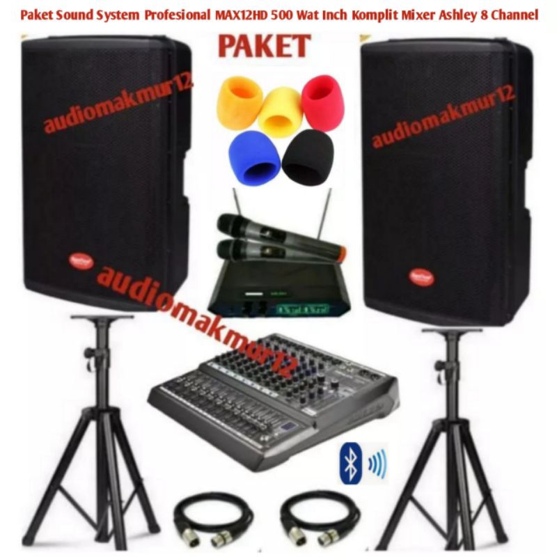 Paket Sound System Profesional 12 Inch Komplit Mixer Ashley 8 Channel Dan mic Wireless Original