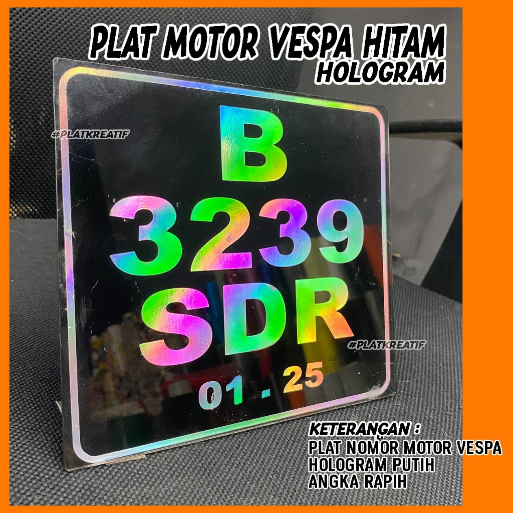 Plat Nomor Motor Vespa Kotak Mika Warna Hitam Hologram PlatKreatif