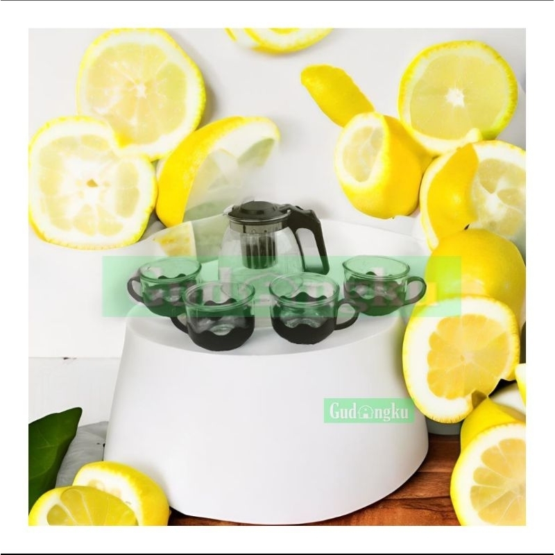 Teapot Set + Saringan + 4 Gelas Kaca (5 in 1)