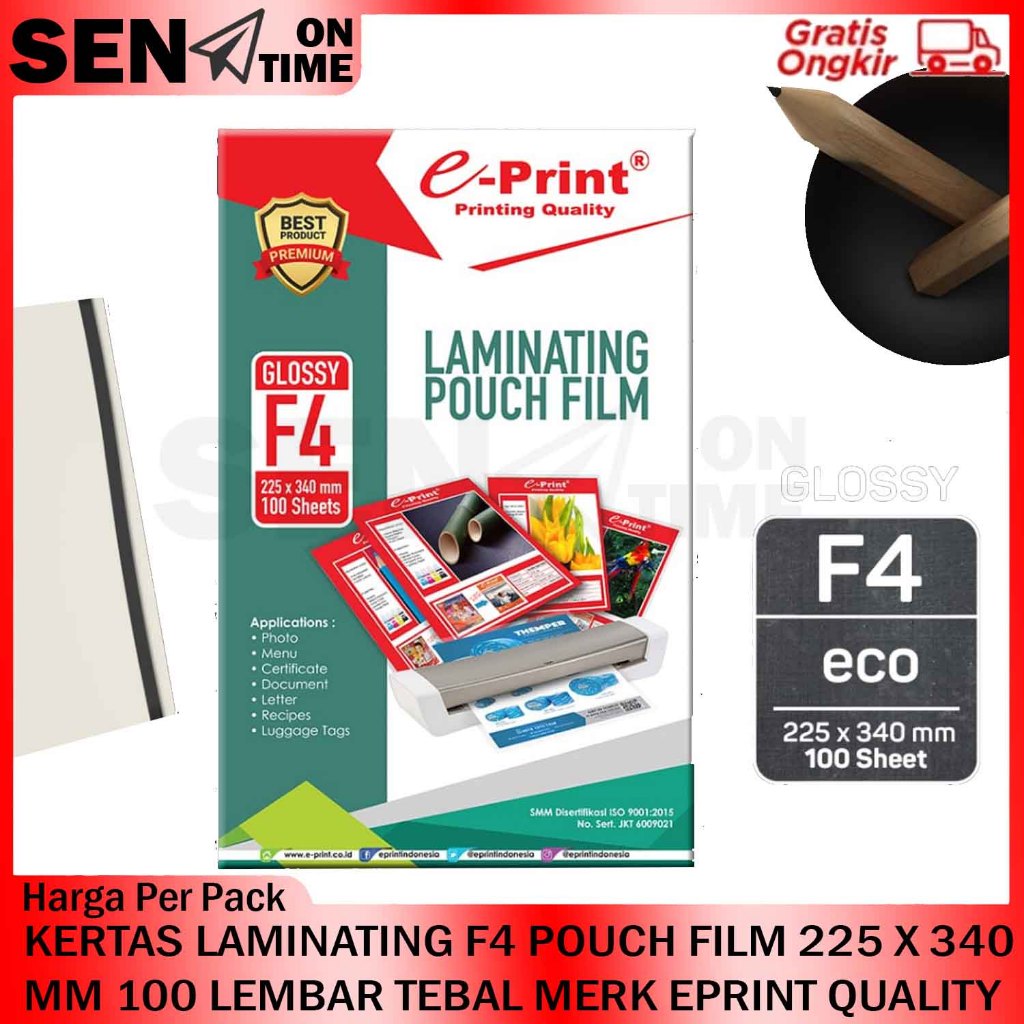 

POUCH PLASTIK LAMINATING F4 100 SHEETS E-PRINT ECO HIJAU PELASTIK LAMI NATING GLOSSY FILM PELAPIS MELAPISI KTP SERTIFIKAT LAPISAN PELINDUNG SERTIFIKAT FOTO PHOTO DOKUMEN SURAT KARTU MENU PREMIUM ORIGINAL 100 PCS 225X340 MM JERNIH POLOS BENING ALAT