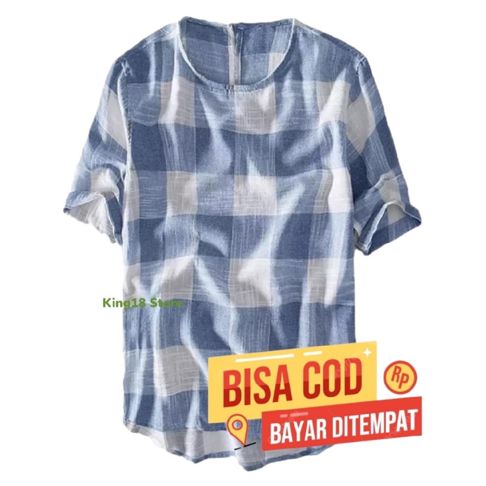 Special Price.. Baju Koko Katun Pria Dewasa Kotak kotak Lengan Pendek Tanpa Kerah Kekinian Fashion M