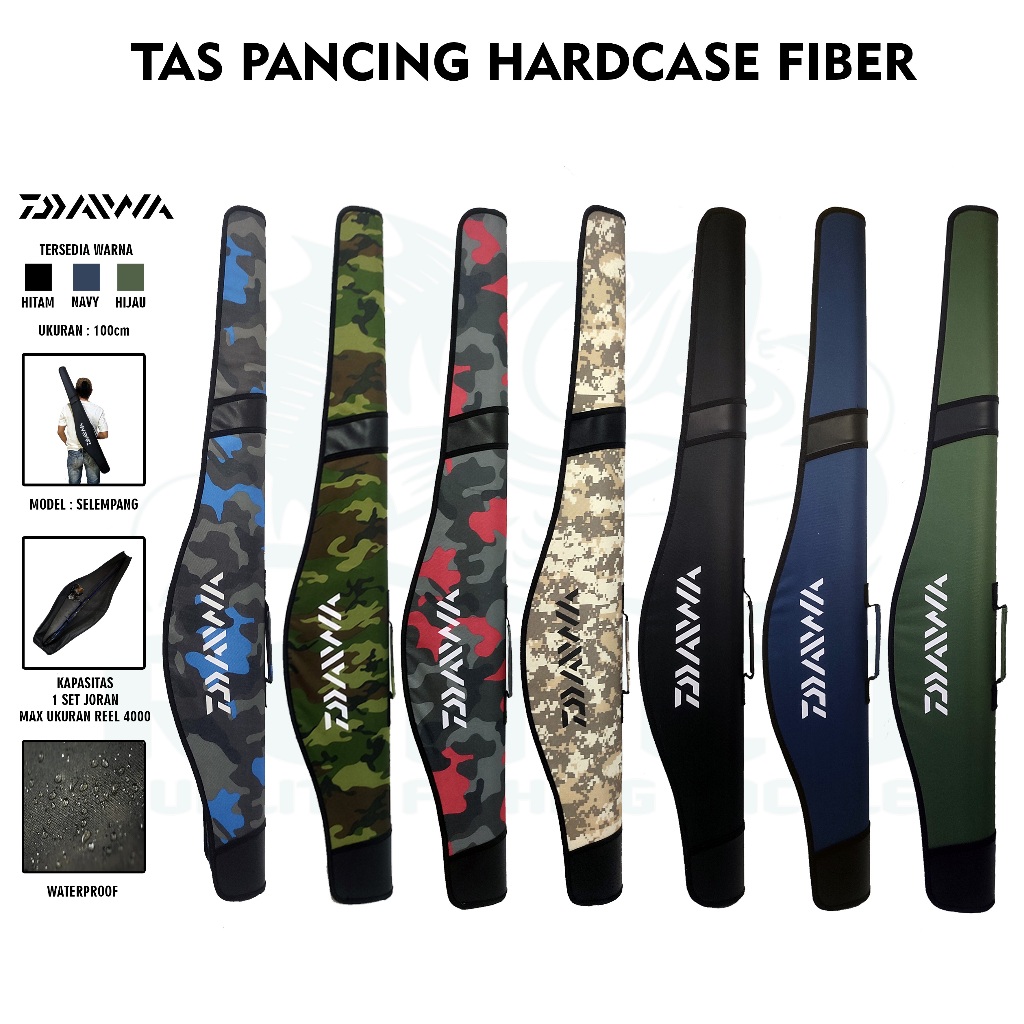Tas Pancing Selempang Daiwa Hardcase Fiber WaterProof Motif Loreng ukuran 80cm 100cm 120cm