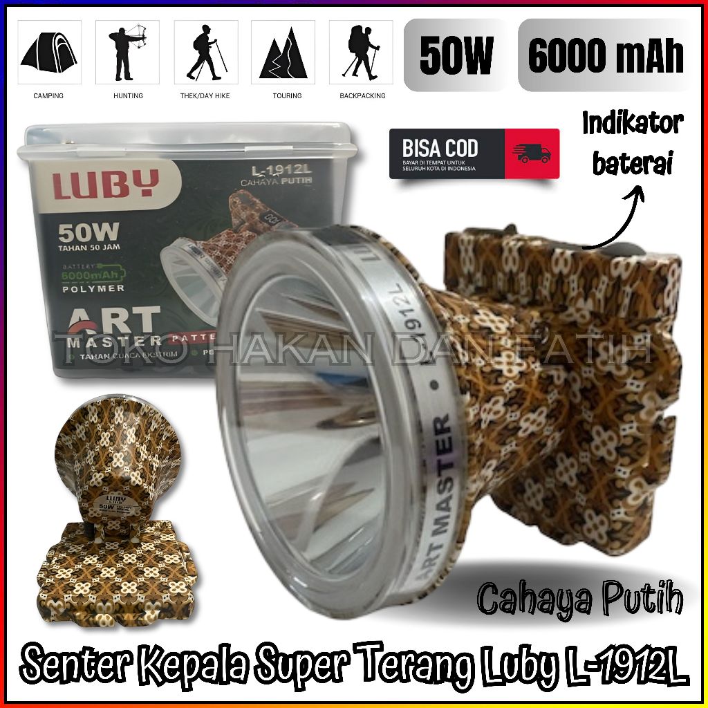 Senter Kepala LUBY L-1912L L 1912L 50W 50Watt ART MASTER tahan hingga 50 Jam | Senter Kepala Super T