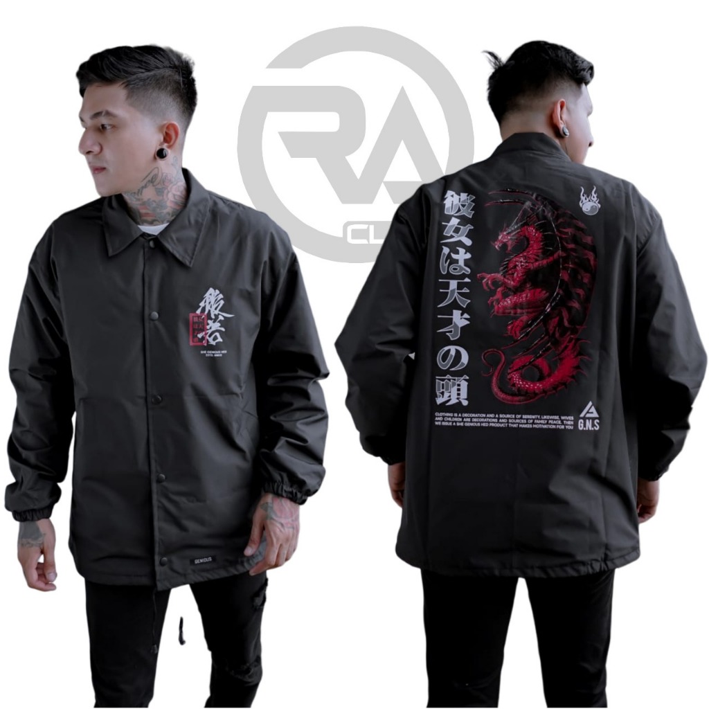 Genious Jaket Coach Pria Naga Hitam Original Jaket Waterproof