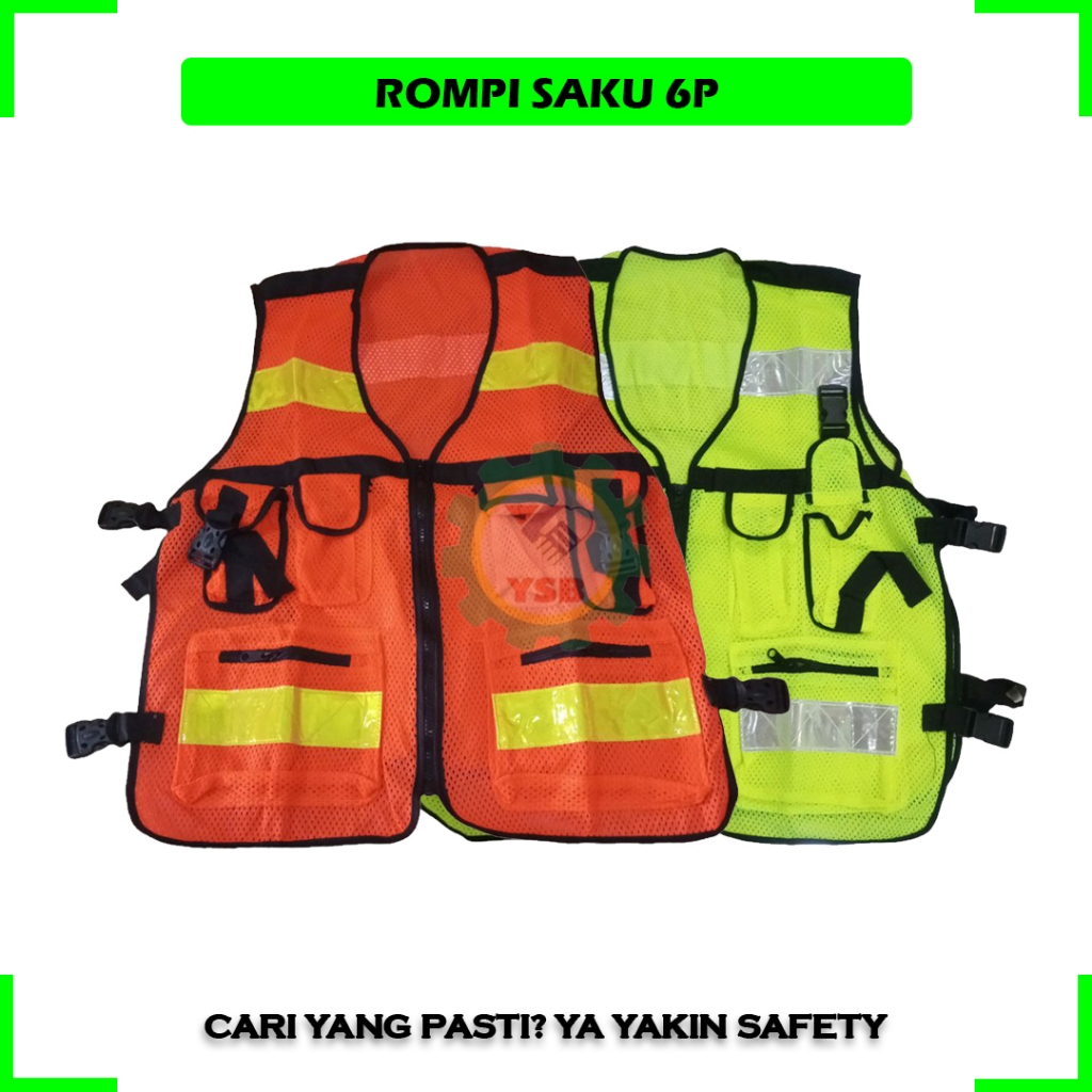 Rompi Proyek Jaring 6P 6 P Saku Safety Vest Skotlet Scotlight Scotlite Reflektif Resleting Warna Ora