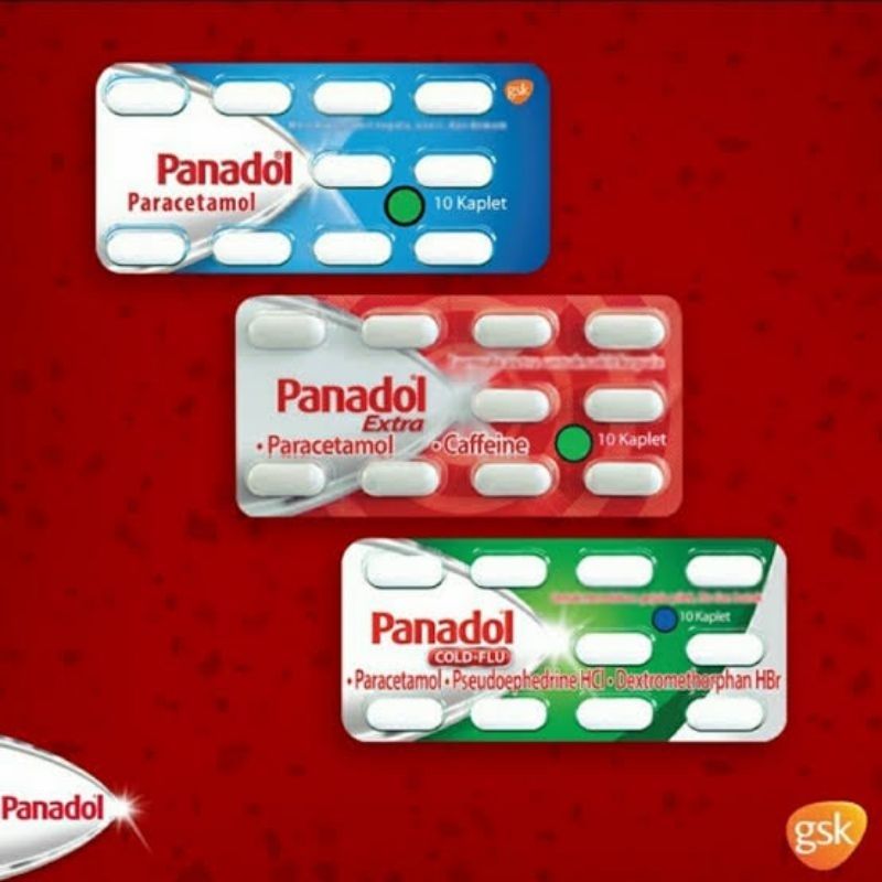 PANADOL TABLET 1strip isi 10tablet ( MERAH , BIRU , HIJAU , DAN ANAK - ANAK ). PARACETAMOL