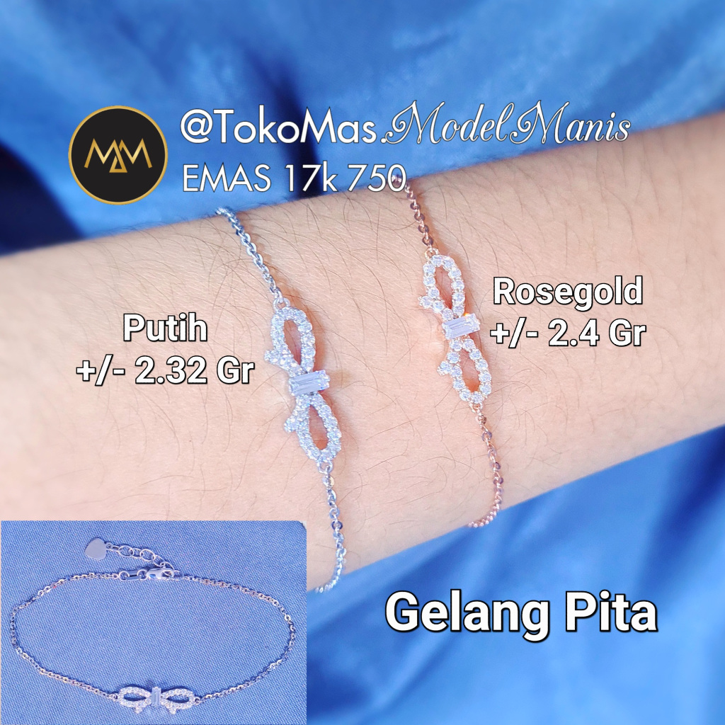 Gelang pita korea style emas rosegold putih 750 kadar 17k