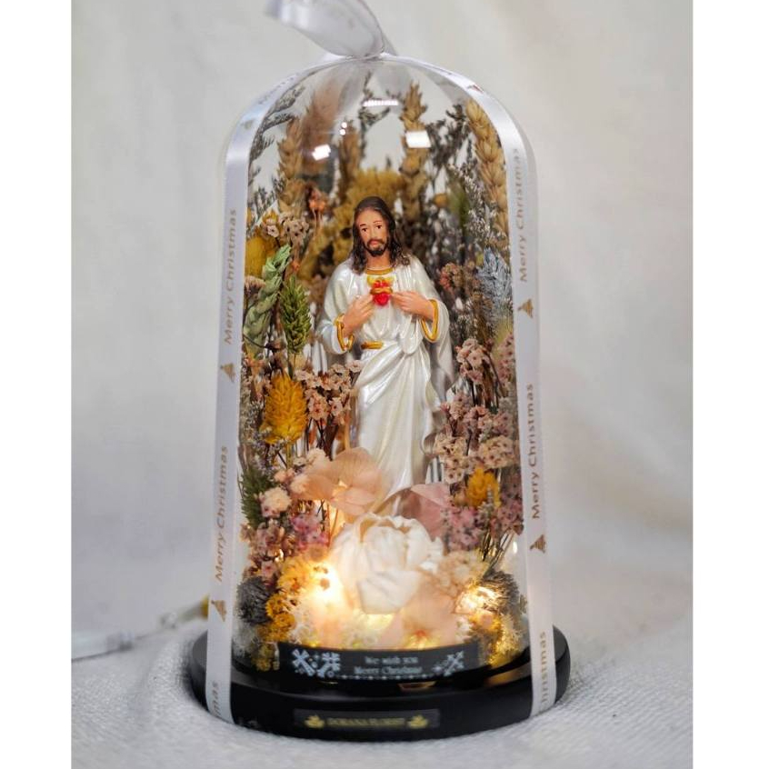PREMIUM Flower Glass Dome Spesial Hadiah Natal Patung Yesus & Bunda Maria Rohani DORANA X OBOR