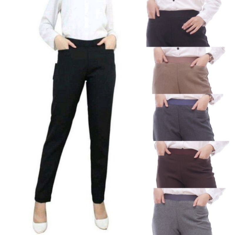 Celana kain Celana hitam wanita Celana kerja wanita Model Pinggang Karet Dan  Resleting Kancing