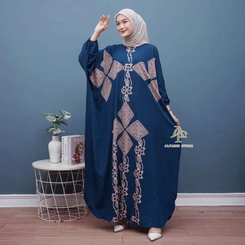 Kaftan Wanita - Daunda Kaftan Size Jumbo XXXXL Motif Daun Lengan Panjang Busui Resleting by Nadira_Fashion / Gamis Rayon Jumbo Kaftan Terbaru-Andin navy