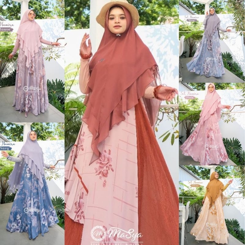 MASYA Set Gamis Dress Ceruty Babydoll Syari Branded Navy - Pink - Abu - Grey - Olive - Mauve - Choco