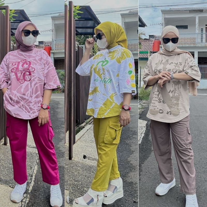 Setelan Wanita Kekinian CARGO Kaos Combet NIO PERFORMANCE Model Ovsisize