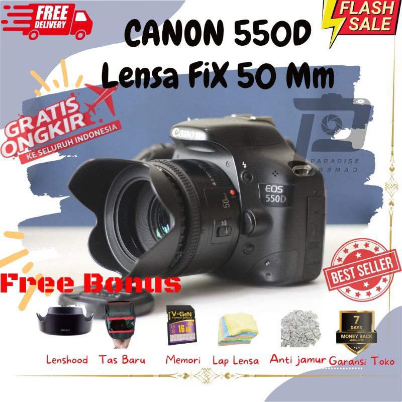 Kamera Canon 550D + Lensa Fix F1.8 Bonus banyak dan Mulus