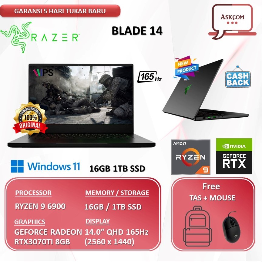 Laptop Razer Blade Gaming 14 RTX3070TI 8GB RYZEN 9 6900 RAM 16GB 1TB SSD 14.0QHD IPS 165HZ